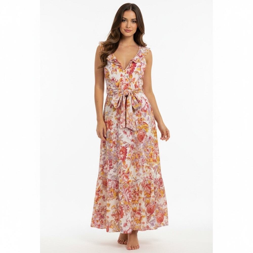Anthropologie BHLDN Aubree Ruffle Floral Maxi Dress Linen Blend Wedding Vacation